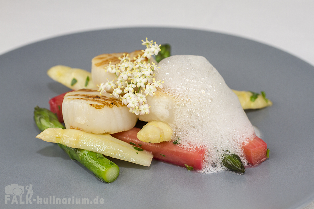 Spring-Signature-Dish: Gegrillte Jakobsmuschel mit sautiertem Spargel-Rhabarber-Gemüse und Holunderschaum